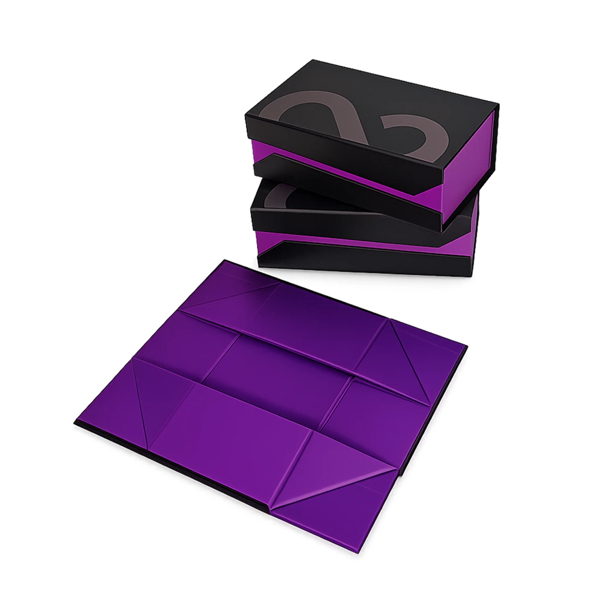 Purple and black folding rigid box shown assembled and flat